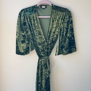 Forest green, crushed velvet wrap dress